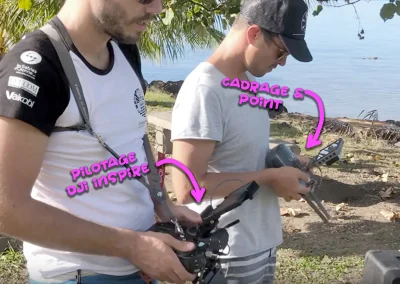 Louis & David en Polynésie pilotants un dji Inspire à 2 télécommandes